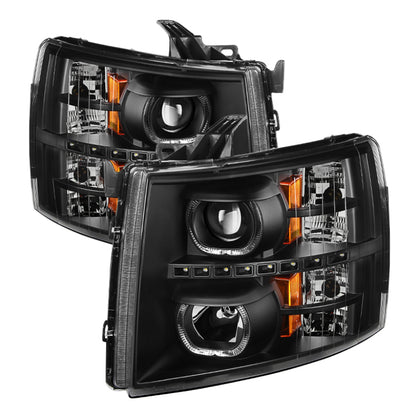 xTune Chevy Silverado 1500/2500/3500 07-13 LED Halo Projector Headlights Black PRO-JH-CSIL07-CFB-BK